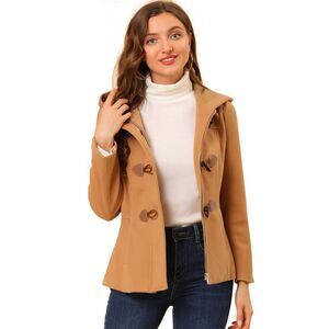 Casual Winter Outwear Hooded Button Toggle Pea Coat Brown